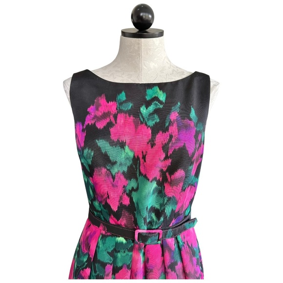 Eliza J Fit & Flare Black Watercolor Dress Sleeveless Belted Size 6 - Picture 5 of 12